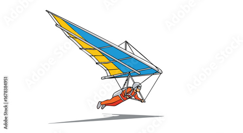 Hang gliding adventure: Cartoon illustration of a paraglider soaring through the air with vibrant wings and a determined pilot, ideal for