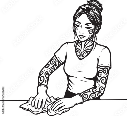 Monochrome stylized woman cleaning surface with cloth detailed t