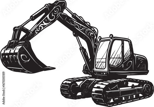 Detailed monochrome illustration of a powerful construction exca