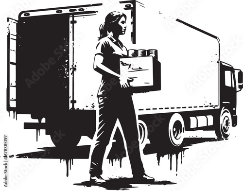 Monochromatic illustration featuring a woman unloading goods fro