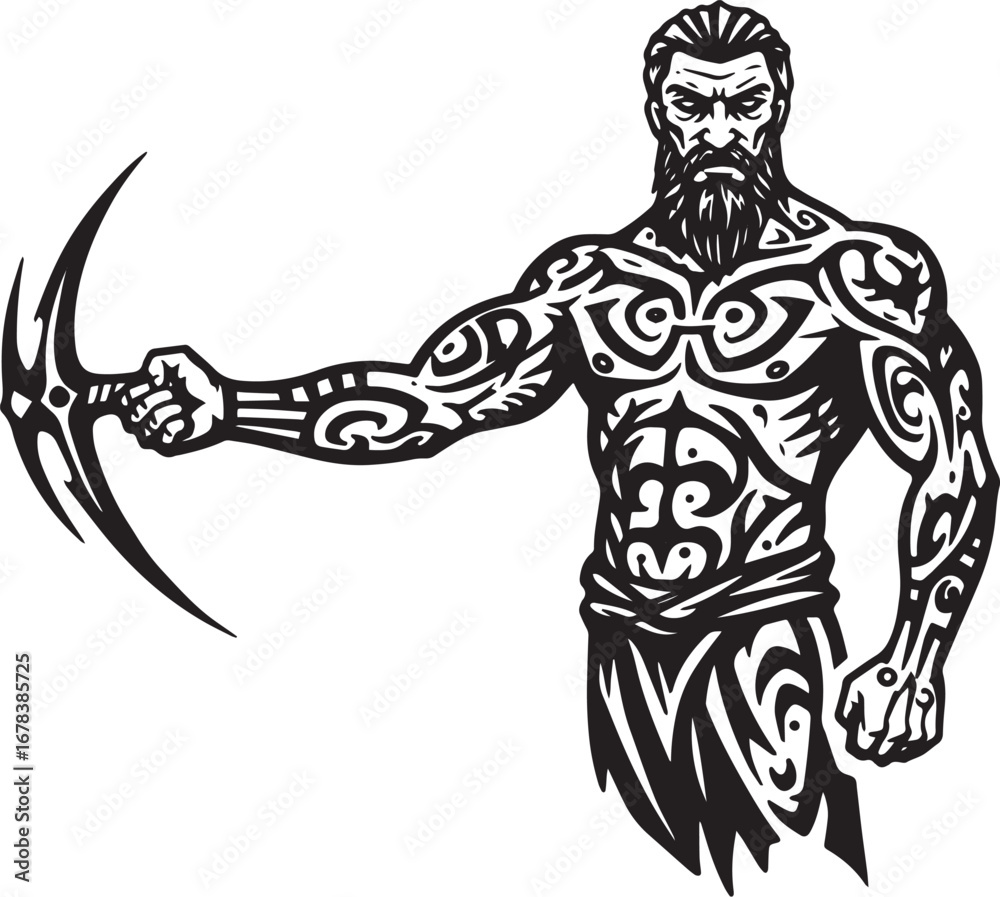 Fototapeta premium Tribal warrior wielding stylized weapon with intricate tattoo de