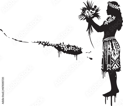 Silhouette of a woman arranging tropical flowers with abstract i