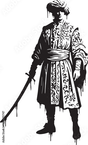 A stylized depiction of a warrior wielding a curved sword agains