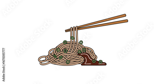 Delicate strands of noodles intertwined with vibrant green accents elevated by graceful chopsticks presentation style