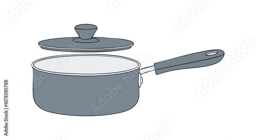 Elegant gray cooking pot with lid slightly ajar, demonstrating kitchenware appliance equipment, food preparation utensil item cooking and serving