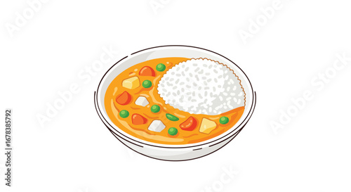 Whimsical culinary illustration of a bowl filled with Japanese curry and fluffy rice a delightful dish presenting