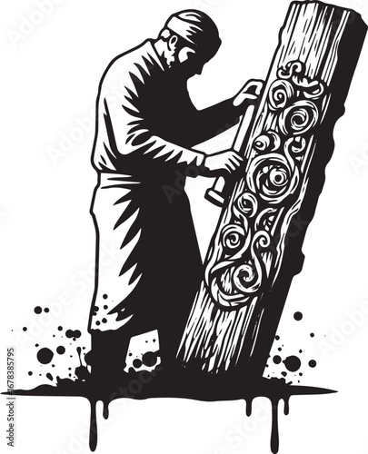 Craftsmanship in Action: A Woodcarver Immersed in His Intricate