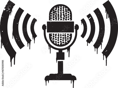 Vintage microphone broadcasting grungy signal in black ink on wh