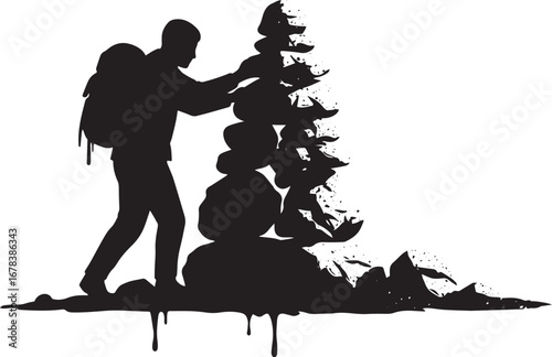 Silhouette of a hiker stacking stones, finding balance in nature