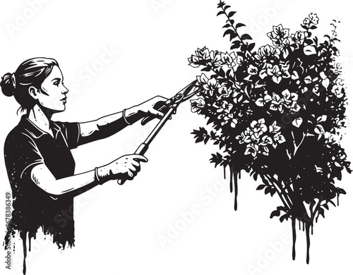 Stylized monochrome artwork of a woman carefully pruning a bloss