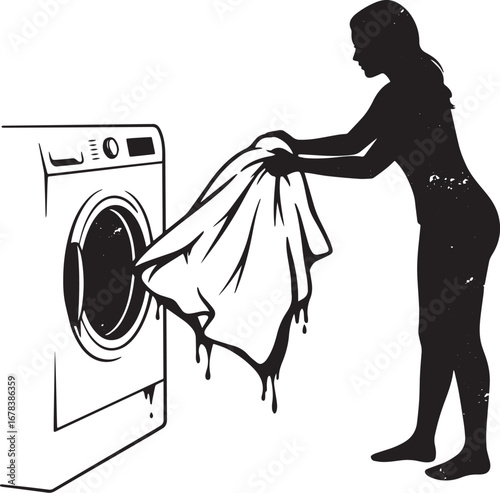 Monochrome illustration of a woman loading laundry into a washin