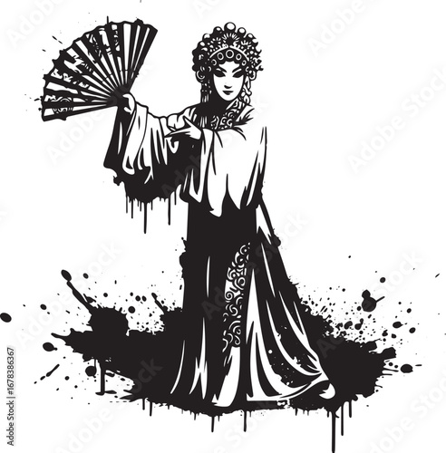 Monochrome depiction of a chinese opera performer with a handhel