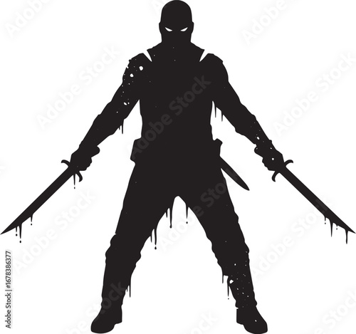Monochrome silhouette of masked warrior wielding dual swords in