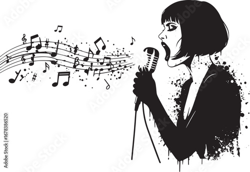 Passionate vocalist singing with emotion into retro microphone i
