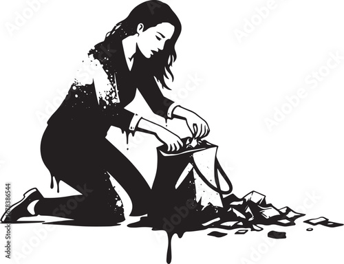 Woman with bag and shattered pieces, conceptual loss and recover