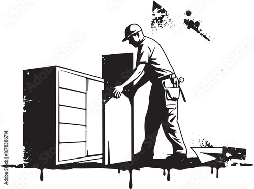 Craftsman constructing furniture assembly with black and white i