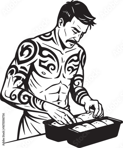 Illustrative tattooed man preparing fresh loaves in baking tins