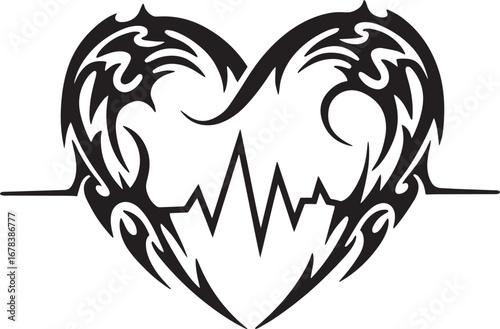 Stylized Heartbeat Design with Tribal Accents, a Symbol of Vital