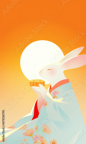 Poster illustration background for the Mid-Autumn Festival featuring a rabbit and the moon

