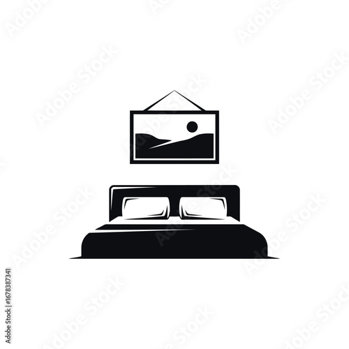 Simple black and white illustration of a bed with a picture hanging on the wall above it.