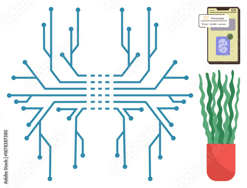Abstract wiring design resembling tree branches, smartphone with fingerprint scan, red potted plant. Ideal for technology, security, nature, innovation, digital connectivity, eco-tech minimalism