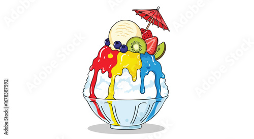 Vibrant Illustration of Shaved Ice Dessert with Colorful Syrups and Fresh Fruit Toppings Depicting Refreshment and Summer Treats