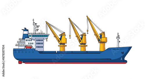 Stylized illustration of a cargo ship with cranes against a white background conveying global trade and transportation concepts