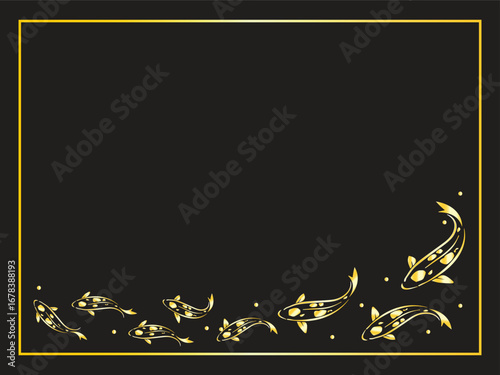 Golden koi fish in a gold frame for a luxurious background decoration. Symbol of wealth and beauty. - vector