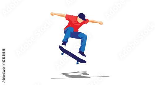 Minimalistic skateboarder executing aerial trick with red shirt and blue pants against pristine white background providing a clear and focused