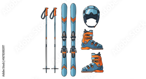Stylized depiction of essential ski equipment including skis, boots, poles, and helmet in vector format for winter sports enthusiasts