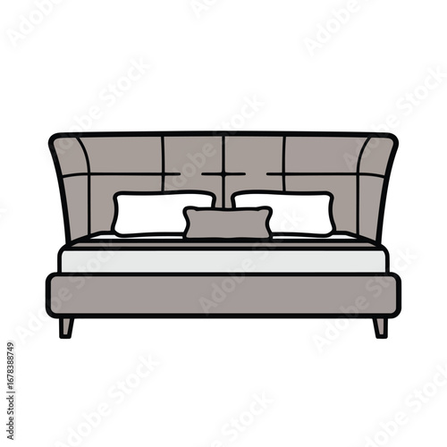 A detailed illustration of a modern bed with a tall, upholstered headboard and pillows.