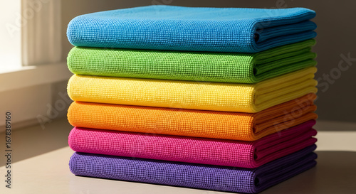 Vibrant stack of colorful microfiber cloths ready for cleaning and organizing tasks