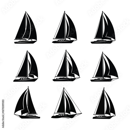 Nine black sailboat silhouettes, various styles.