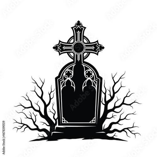 Ornate gothic tombstone with cross and bare branches, black and white illustration.
