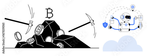 Cryptocurrency mining tools extracting coins, blockchain symbol, AI robot managing data, transaction security. Ideal for cryptocurrency, blockchain, AI, mining, fintech automation digital economy