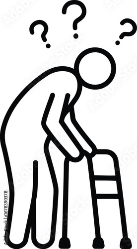 Elderly person with walker confused question marks