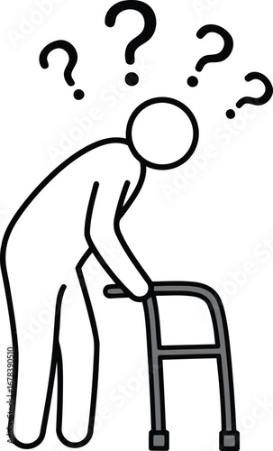 Elderly person with walker confused question marks