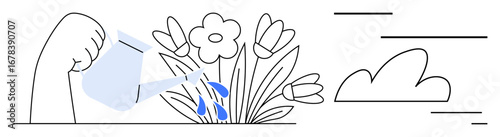 Hand pouring water from watering can onto blooming flowers surrounded by leaves. Ideal for growth, care, environment, nature, sustainability, gardening, self-development themes. Perfect for simple