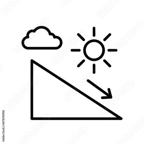 A line icon depicting a cloud, a sun with a downward arrow, and a triangular slope, symbolizing weather or solar energy concepts.