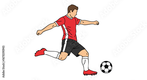 Illustrative depiction of a soccer player kicking a ball in dynamic motion on a pristine white background, conveying athleticism