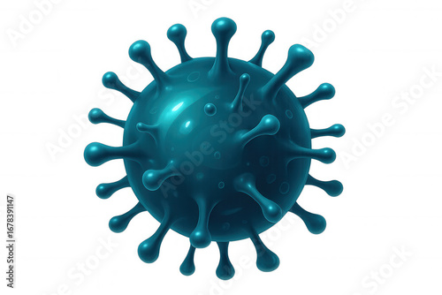 Rotating blue virus cell rendering, depicting hazardous microbial pathogen against transparent background