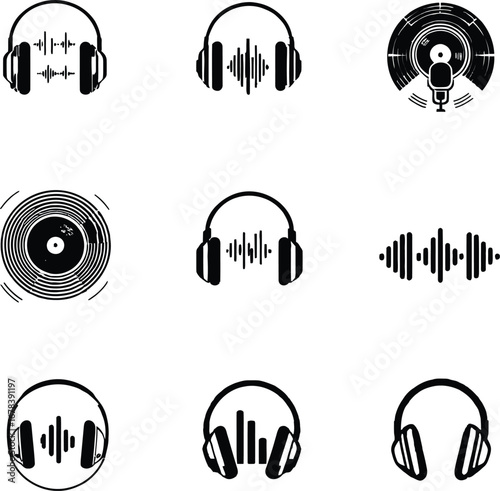 Audio podcast music dj sound headphones record wave microphone vector design graphic illustration icon set
