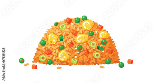 Vibrant depiction of fried rice featuring colorful vegetables and egg on a clean background visual appeal and design