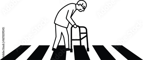 Elderly man with walker crossing street