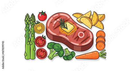 Stylized illustration showcasing a ribeye steak dinner featuring vibrant vegetables and crispy potato wedges designed for menu illustration