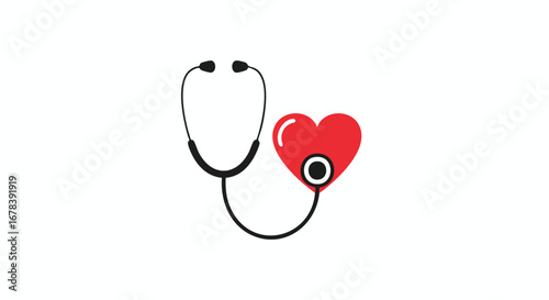 Stylized stethoscope examining a bright red heart shape emphasizing cardiology and healthcare focus design element for medical related visuals