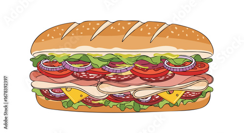 Artistic depiction of a fully loaded submarine sandwich with layers of fresh ingredients illustration