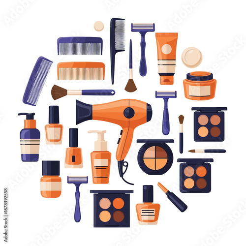 Cosmetics and beauty products arranged in a circle, including makeup, hair care, and personal hygiene items.