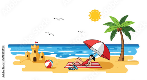 Vector artwork displaying a vibrant beach scene with a relaxing woman under an umbrella, capturing the essence of a sunny vacation getaway