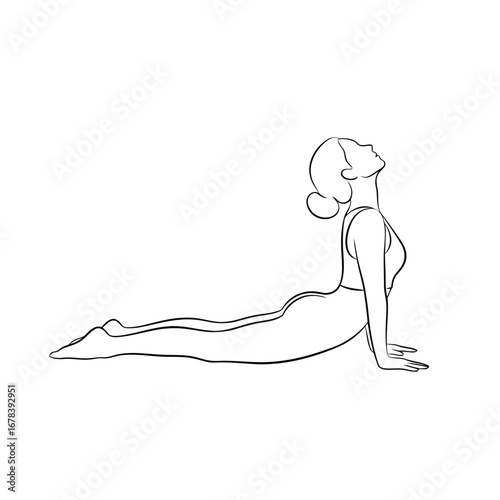 A line drawing of a woman performing the upward-facing dog yoga pose.